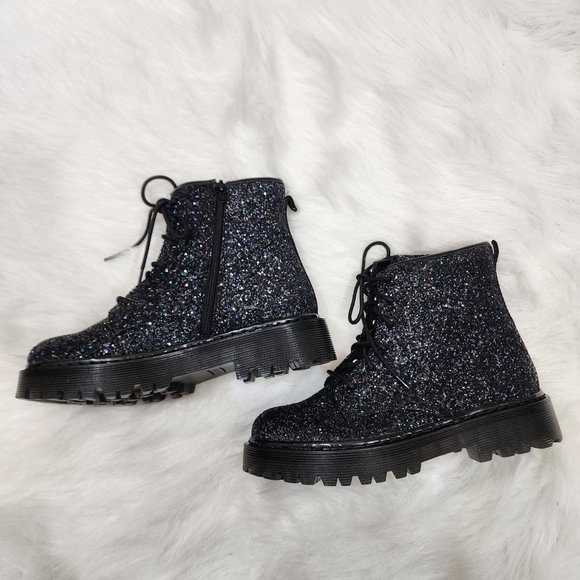 Steve Madden black chunky glitter booties youth size 7 NEW IN BOX - Picture 2 of 12